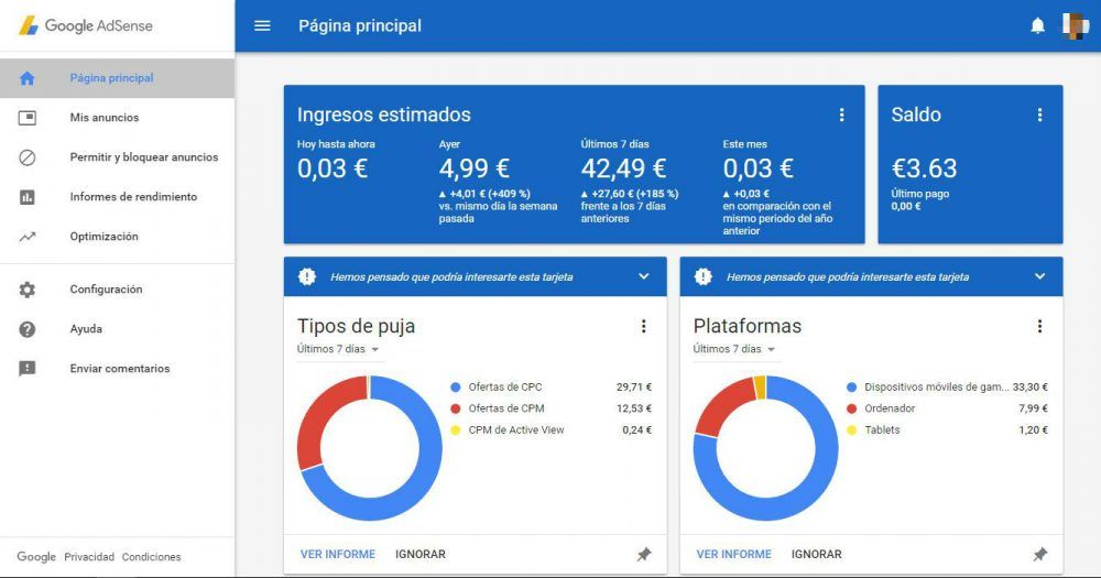 la interfaz de google adsense